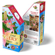 I Am Lily 350 pc. Puzzle in a five-sided box, featuring floral-shaped pieces and an educational booklet with gardening tips.