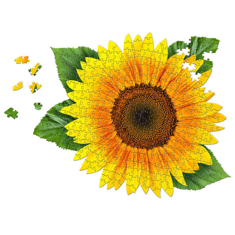 I Am Sunflower 350-piece jigsaw puzzle featuring a bright sunflower shape, includes educational booklet, gardening tips, and poster. Ideal for ages 10 and up.