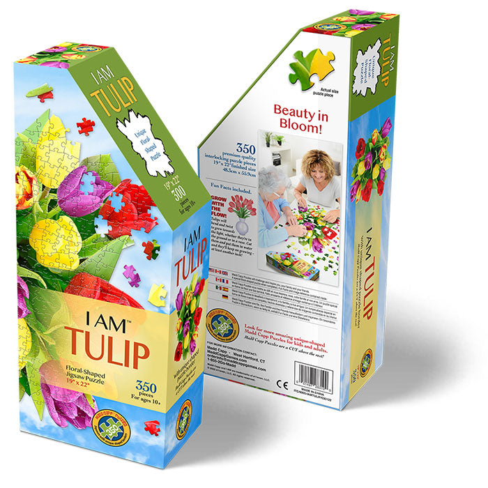 I Am Tulip 350 pc. Puzzle: Two uniquely-shaped puzzle boxes featuring tulips, includes educational booklet with gardening tips and full puzzle image.