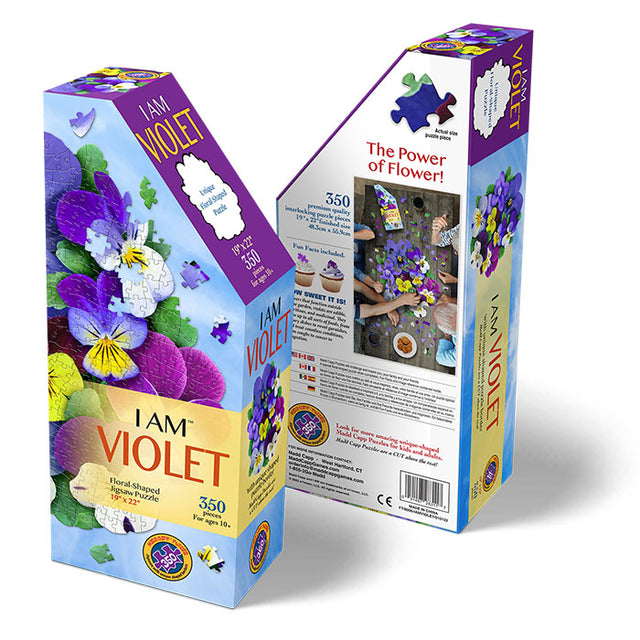 I Am Violet 350 pc. Puzzle featuring floral design, packaged in a five-sided box, includes educational booklet and gardening tips.