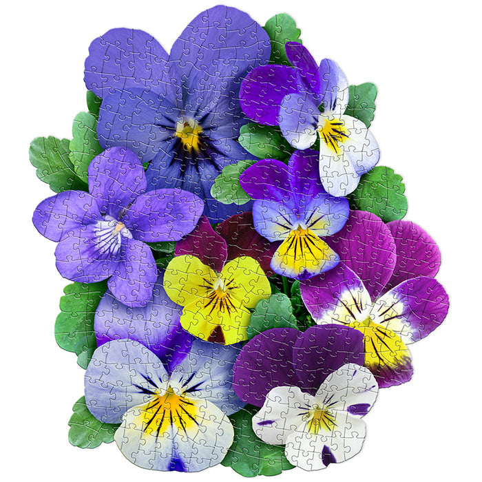 I Am Violet 350 pc. Puzzle, featuring a vibrant floral design with purple and yellow flowers, includes educational booklet with gardening tips.