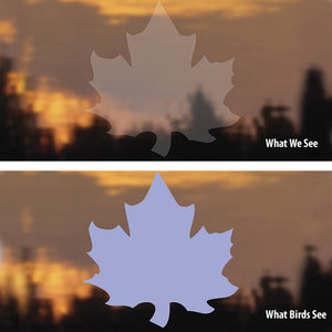 Duncraft Bird-Safe® Maple Leaf Window Strike Decals, set of 6, showing close-up and silhouette images of translucent leaf shapes designed to prevent bird collisions.