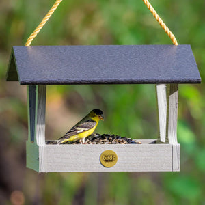 Modern Farmhouse Fly-Thru Bird Feeder with a yellow and black bird perched on it, showcasing its open platform and durable driftwood design.