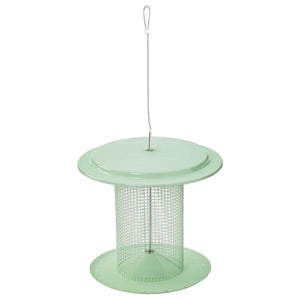 Sage green sunflower seed bird feeder with hanging cable and round metal roof.