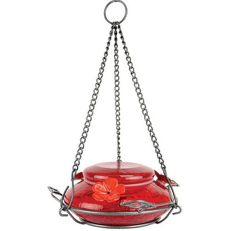 Red Crackle Modern Top Fill Hummingbird Feeder featuring handblown crackle glass, flower accents, three leaf-shaped perches, and a secure metal hanging chain.