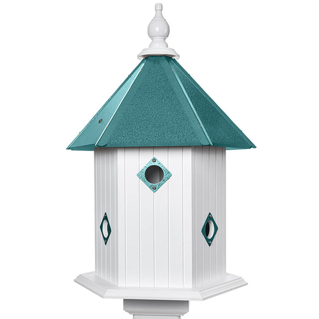 Magnolia House, Verde: Hexagon birdhouse with teal roof, six nesting apartments, and 1-1/2 inch entrance holes. Durable, maintenance-free PVC construction.