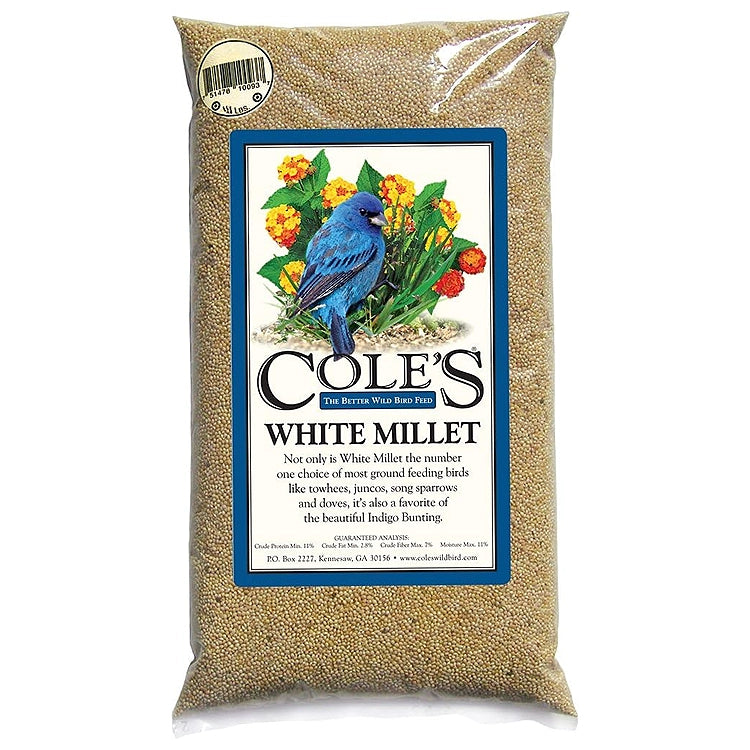 Cole's White Millet Wild Bird Seed, 10-lb bag, featuring a label with a indigo bunting, ideal for ground-feeding birds with no filler ingredients.