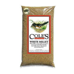 Cole's White Millet Wild Bird Seed, 10-lb bag, featuring a label with a bird, ideal for ground-feeding birds with no filler ingredients.