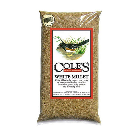 Cole's White Millet Wild Bird Seed, 10-lb bag, featuring a label with a bird, ideal for ground-feeding birds with no filler ingredients.