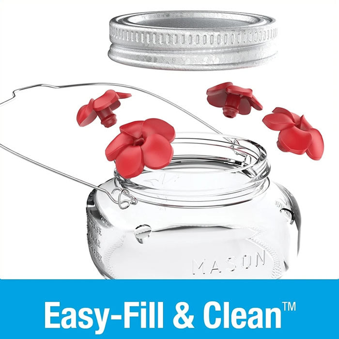 Nature's Way Mason Jar Hummingbird Feeder with red flower ports, clear embossed Mason jar, stainless steel lid, and hanger.