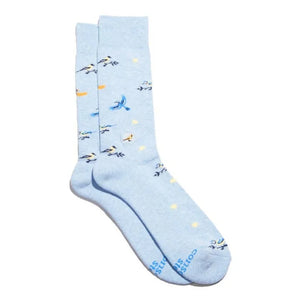 Light blue bird lover socks featuring colorful songbirds in flight by Conscious Step