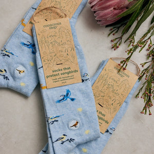 Conscious Step songbird socks in light blue with colorful bird patterns and sustainable gift packaging