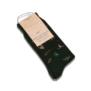 Conscious Step forest green woodpecker socks with berry pattern and sustainable packaging