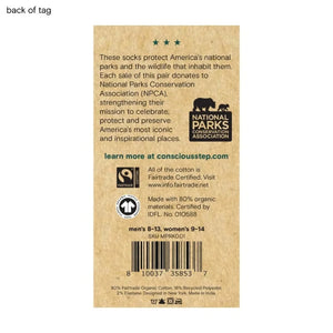 Back of Conscious Step woodpecker socks packaging showing organic cotton materials and national park conservation support