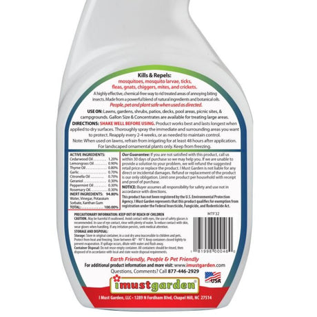 RTU Mosquito, Tick, Flea Control, 32 oz. white bottle with red and blue text, ready-to-use trigger sprayer for safe, chemical-free insect repellent.