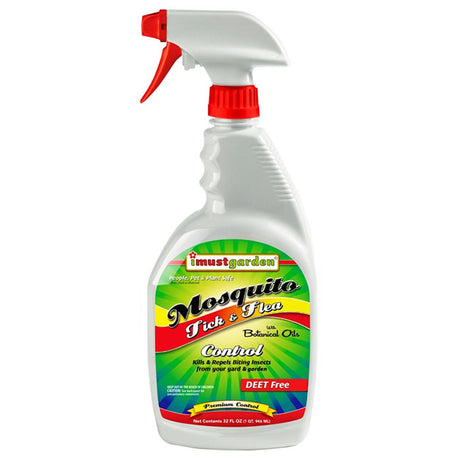 RTU Mosquito, Tick, Flea Control, 32 oz. spray bottle with red and green label; chemical-free insect repellent for lawns, safe for kids and pets.