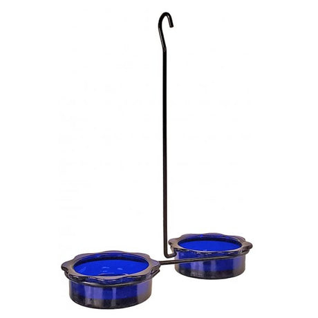 Double Dish Bluebird Feeder featuring a black metal holder with two blue glass dishes and a hook for hanging.