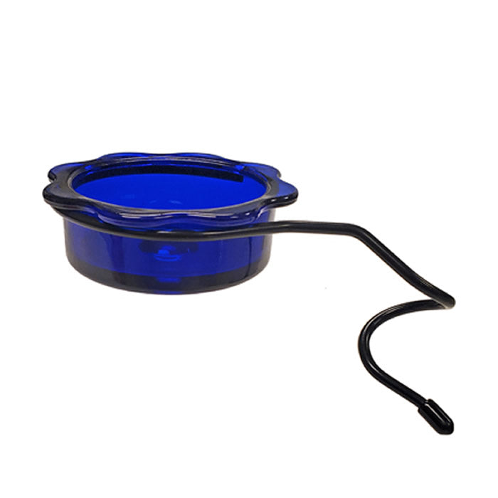 Quick Connect Bluebird Dish Feeder with a blue glass dish and black wire holder, ideal for mealworms and seeds, mounts easily to any 1-inch pole.