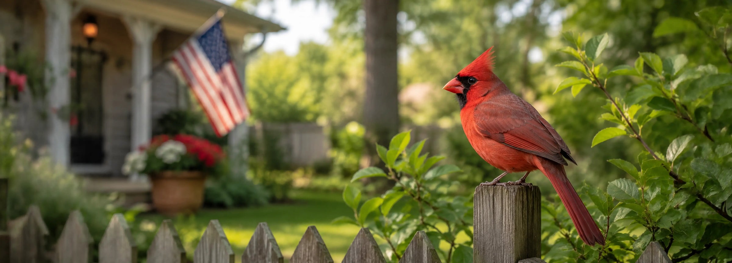 A green lush backyard scene with a Cardinal sitting on a fence with a house in the background.  