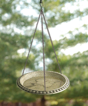 Audubon Hanging Bird Bath with embossed Egret design, durable polyresin, weathered stone gray finish, and S-hook chain. Ideal for birds to drink and bathe.