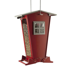 Snack Shack Resistor Feeder with four clear windows, weight-activated perches, built-in seed diverter, and lockable roof to prevent squirrel access.