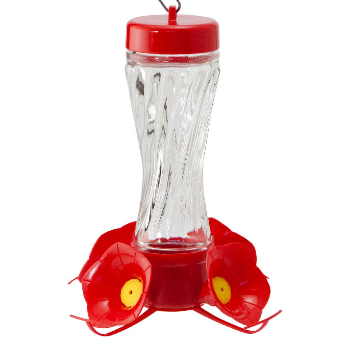 8 oz. Glass Spiral Hummingbird Feeder with a clear glass reservoir and red plastic base, featuring four feeding stations and easy-to-monitor nectar levels.