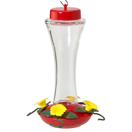 16 oz. Trumpet Glass Hummingbird Feeder with a clear reservoir, red lid, and four yellow flower-shaped feeding ports, ideal for attracting hummingbirds.