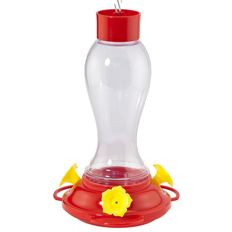 18 oz. Plastic Hummingbird Feeder with Ant Moat features a clear reservoir, red lid, and yellow flower-shaped feeding ports, attracting hummingbirds with ease.