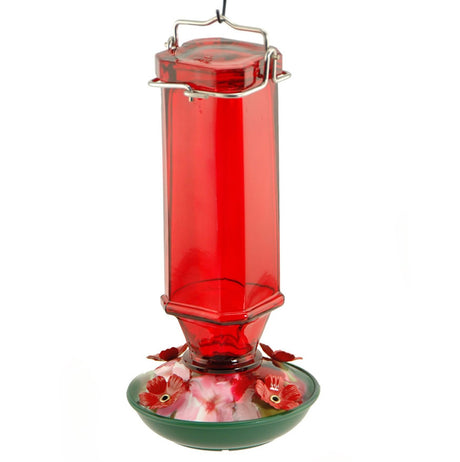 16 oz. Vintage Glass Hummingbird Feeder with red flower-shaped feeding ports, square glass bottle, and twist-off base for easy cleaning. Includes sturdy metal hanger.