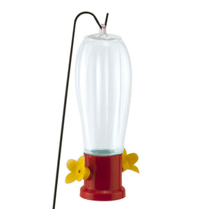 Garden Stake Hummingbird Feeder & Hanging Rod in shatterproof clear plastic, featuring 2 feeding ports, bee guard, and easy setup for planters or gardens.