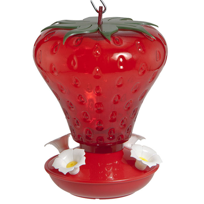 40 oz. Plastic Strawberry Hummingbird Feeder with flower-shaped ports for nectar, translucent reservoir, and shatterproof, drip-resistant base.