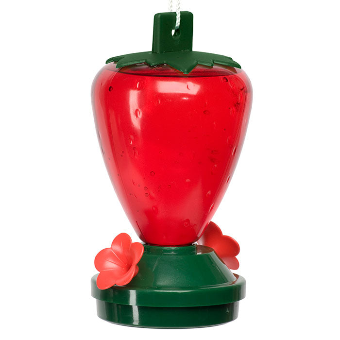 12 oz. Plastic Strawberry Hummingbird Feeder with red flower-shaped feeding ports and a translucent reservoir for monitoring nectar levels.