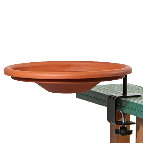 Deck Mount Bird Bath with a terracotta-colored plastic bowl, mounted on a railing using a sturdy metal bracket, ideal for providing fresh water to birds.