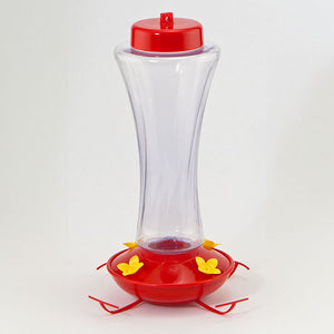 20 oz. Plastic Hummingbird Feeder with red lid, yellow flower ports, and clear plastic reservoir for easy nectar monitoring.