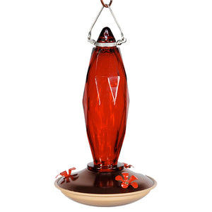 8 oz. Jewel Cut Glass Hummingbird Feeder with multifaceted glass, metal hanger, red flower feeding ports, wraparound perch, and 8 oz capacity for easy hummingbird attraction.