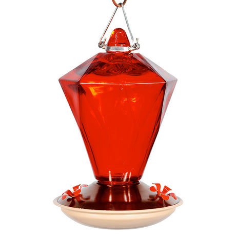 20 oz. Diamond Glass Hummingbird Feeder with three metal flower ports, red glass reservoir, and silver handle; easy to disassemble for cleaning, 7 inches tall.