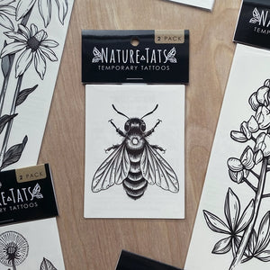 Big Bee Temporary Tattoo: Hand-drawn bee illustration on a 3x4 inch sheet, water-resistant, skin-safe, and lasting 2-5 days. Created by Allison Wilcoxen in Austin, Texas.