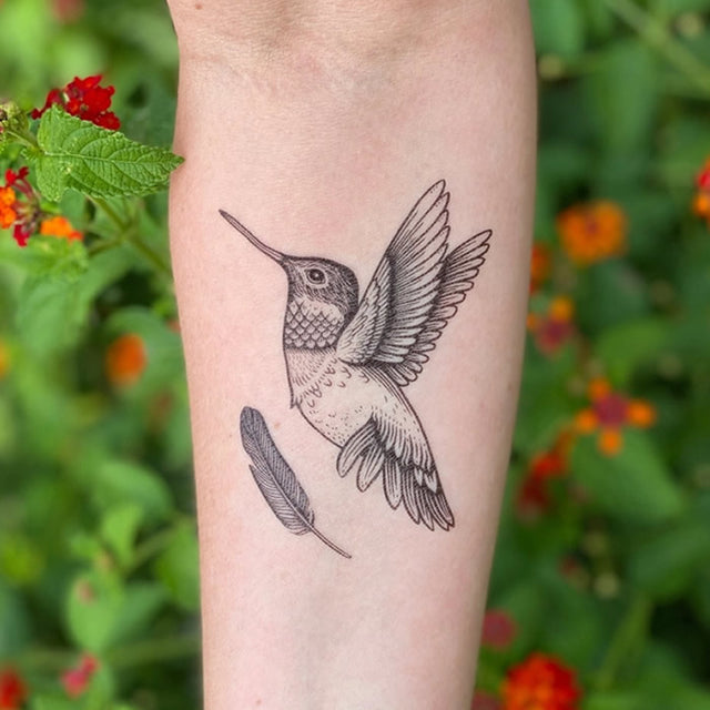 Hummingbird Temporary Tattoo: Detailed hand-drawn design featuring a Ruby Throated Hummingbird and an additional feather, inspired by nature, lasting 2-5 days.