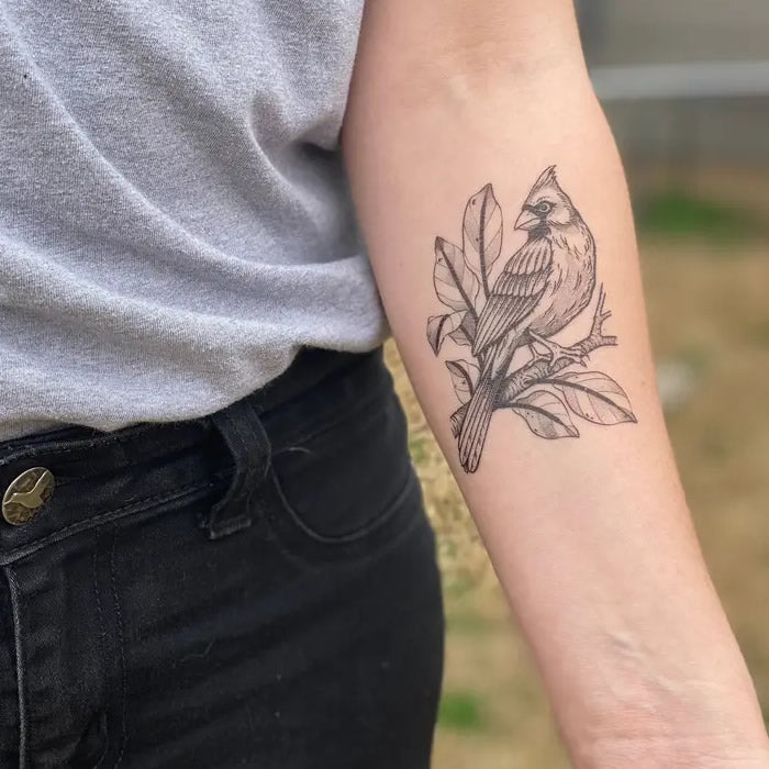 Cardinal Bird Temporary Tattoo on a person's arm, featuring a detailed hand-drawn bird on a branch, symbolizing nature's beauty and messages from loved ones.