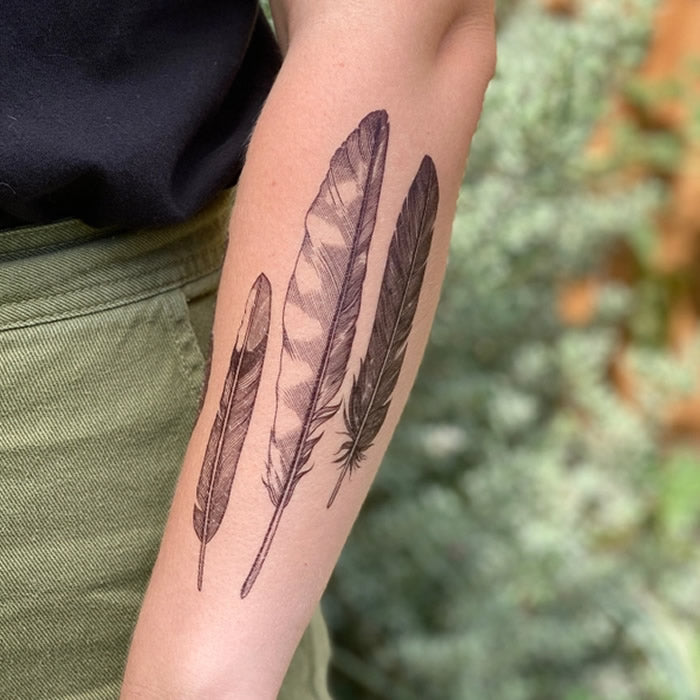 Feather Finds Temporary Tattoo featuring detailed feather designs on a person's tattooed arm; water-resistant and skin-safe, lasting 2-5 days.