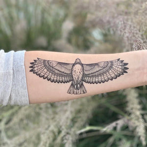 Hawk Temporary Tattoo on a person's arm, featuring a detailed Red-Tailed Hawk design, created by Allison Wilcoxen. Skin-safe, water-resistant, and lasts 2-5 days.