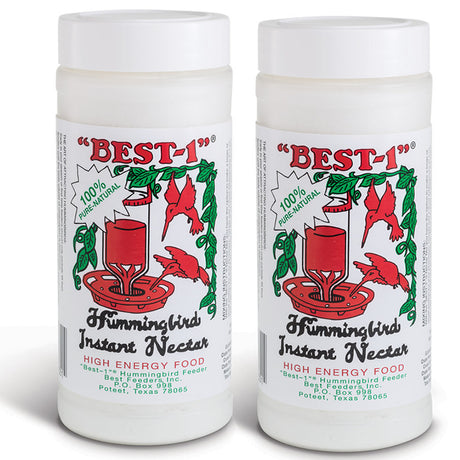 Best-1 Hummingbird Nectar, Set of 2: Two white bottles with red and green labels containing 100% natural, color-free powdered nectar for hummingbirds.