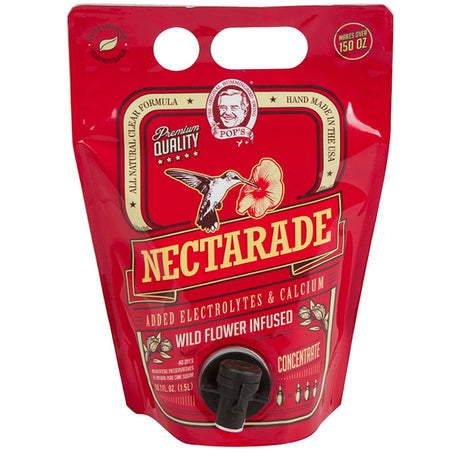 Pop's Nectarade Concentrate in a resealable bag with a black spout, designed for easy pouring and making 150 oz. of hummingbird nectar.