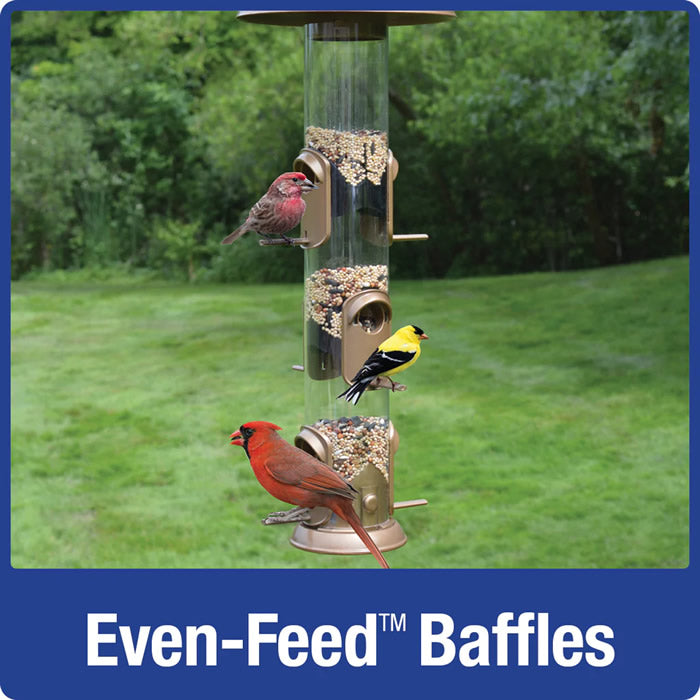 Deluxe Funnel Flip-Top Tube Feeder with birds feeding on multiple ports, featuring a durable design and easy-fill wide opening.