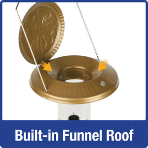 Deluxe Funnel Flip-Top Tube Feeder with a wide lid for easy filling, durable design, and multiple feeding ports for birds.