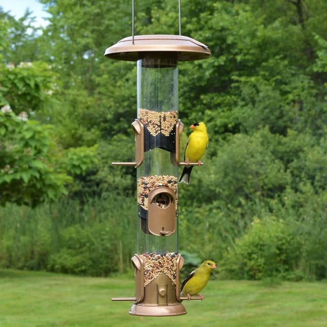 Deluxe Funnel Flip-Top Tube Feeder with birds feeding, featuring a wide opening for easy filling and six feeding ports.