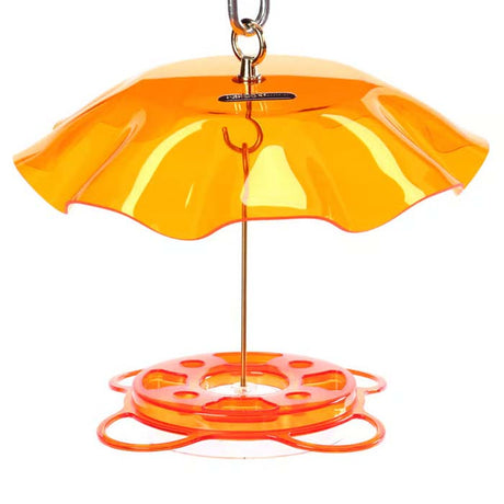 BirdsChoice Oriolefest & Swirl Weather Guard feeder with four jelly dishes, built-in ant moat, umbrella-like acrylic guard, and brass hanging hardware.