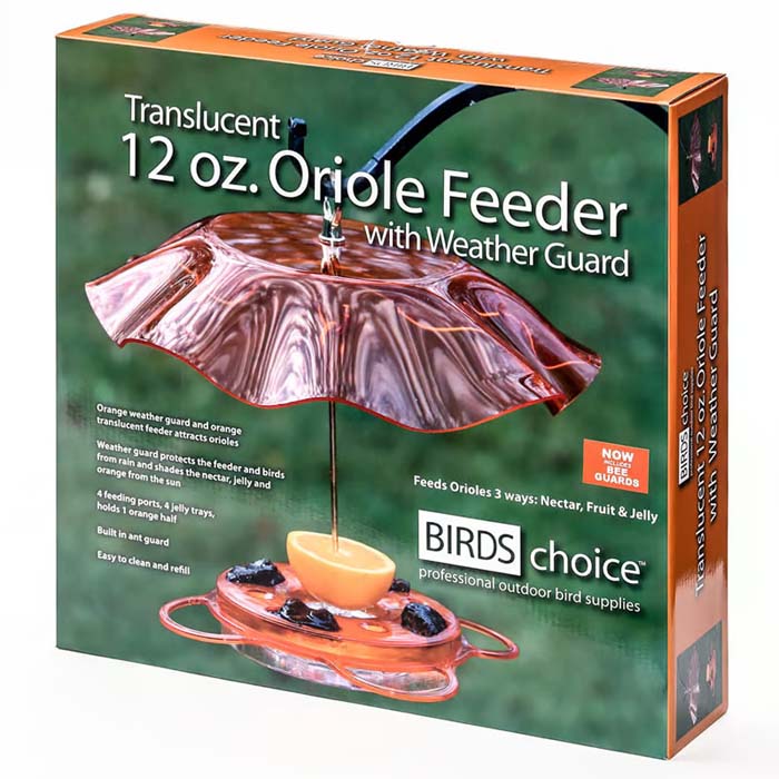 BirdsChoice Oriolefest & Swirl Weather Guard feeder, featuring four jelly dishes, built-in ant moat, and a 13-inch wide acrylic weather guard for fresh bird food.