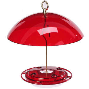 8 oz. Hummerfest Hummingbird Feeder & Weather Guard showing a red dome-shaped cover and feeding stations designed for easy hummingbird access and protection.