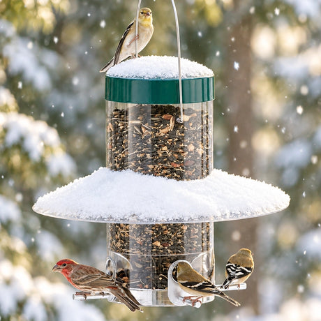 Classic Hanging Feeder with clear plastic baffle, filled with seeds and snow. Birds perch and feed, sheltered from winter weather.